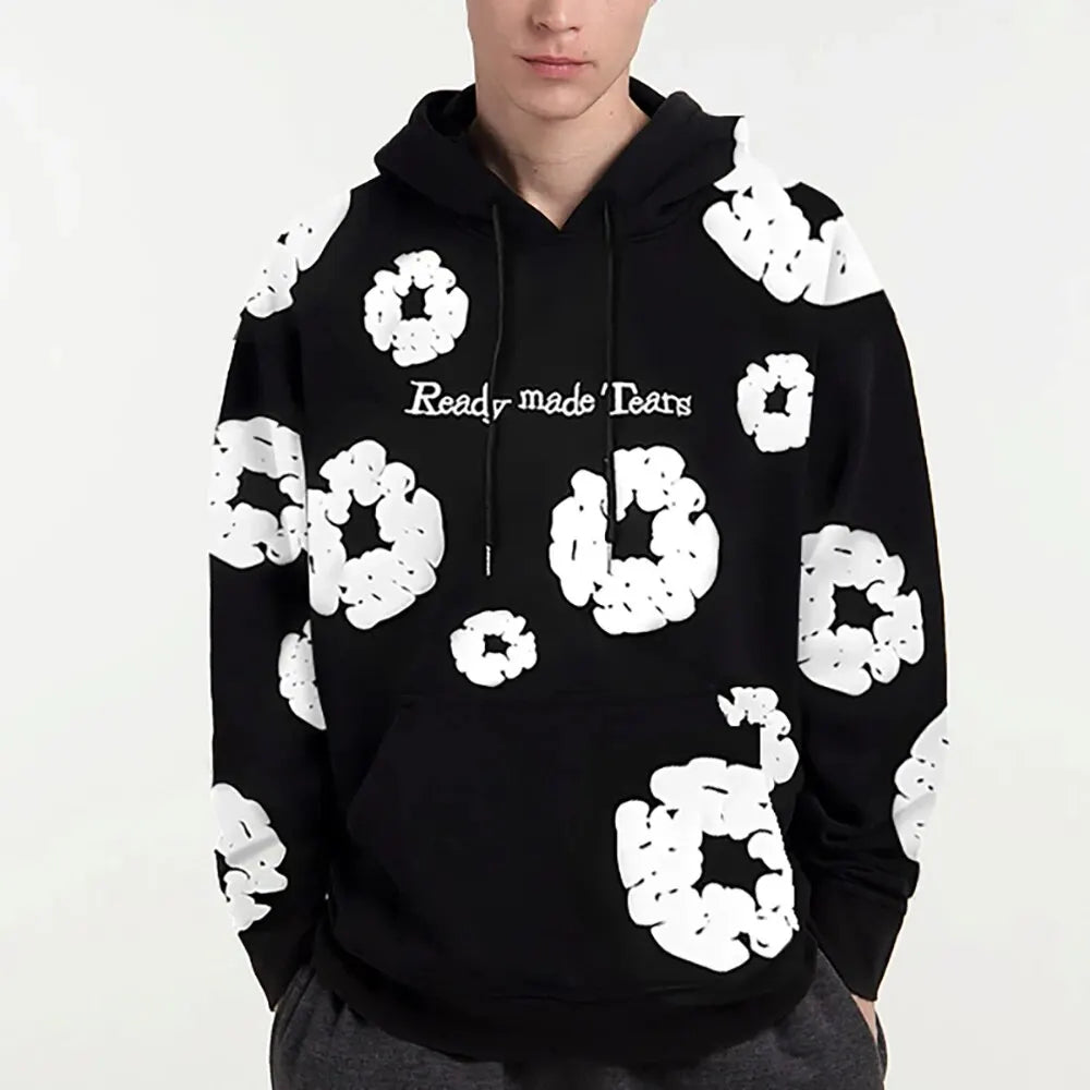 Men'S New Cotton Fashion Embroidery Stereoscopic Kapok Printing Hooded Couple Sweater Vintage High Street Hip-Hop Casual Tops